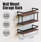 RICHER HOUSE 2+1 Tier Wall Mounted Floating Shelves Set of 2, Rustic Wood Shelf with Metal Frame, Extra Storage Rack for Bathroom, Kitchen, Bedroom with Tissue Rack & Towel Bar - Rustic Brown - Image 2