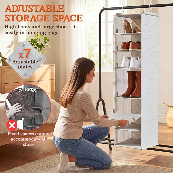 Hanging Shoe Organizer for Closet, 8 Tier Extra Wide Closet Shoe Organizer | Adjustable Shelf Height for Boots and Shoes, Heavy Duty Hanging Shoe Rack for Closet Rod, Space-Saving Shoe Storage Organizer - Image 7