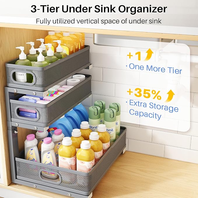 Under Sink Organizer, 3-Tier Thickened Metal Pull out Cabinet Organizer Shelf, Height Adjustable Slide out Storage Drawer Rack for Kitchen Bathroom Pantry Laundry Home Organization, 1-Pack, Grey - Image 3