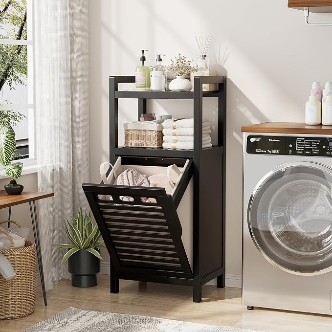 Homykic Tilt Out Laundry Hamper Cabinet, 10 Gal Bamboo Laundry Organizer - Image 4