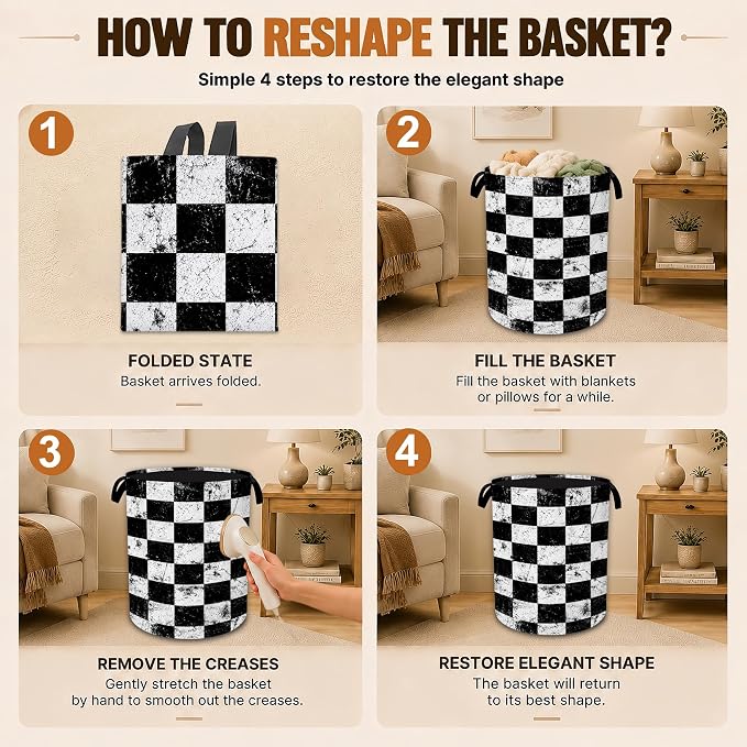 Black White Checkered Foldable Laundry Basket with Handles,Vintage Oxford Clothes Hamper, Portable Laundry Room Decor Storage Basket for Bedroom Bathroom Dorm,20.8x16 Inch - Image 6