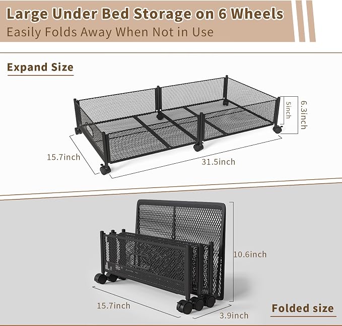Under Bed Storage on Wheels, Upgraded 31.5 inch Large Rolling Under Bed Storage, Metal Foldable Underbed Drawers Organizer Tool-free Assembly Underbed Shoes Clothes Organize - Image 7