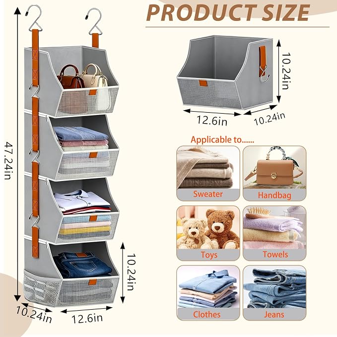 Fabric Hanging Closet Clothes Organizers and Storage Detachable 4 Tier - Image 2