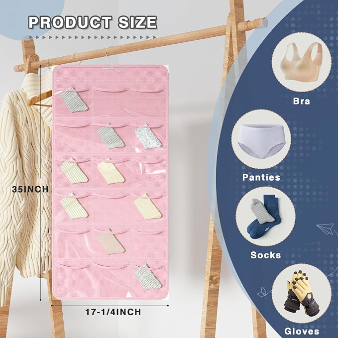 26-Pocket Hanging Closet Organizer for Socks and Underwear, Pink - Image 5