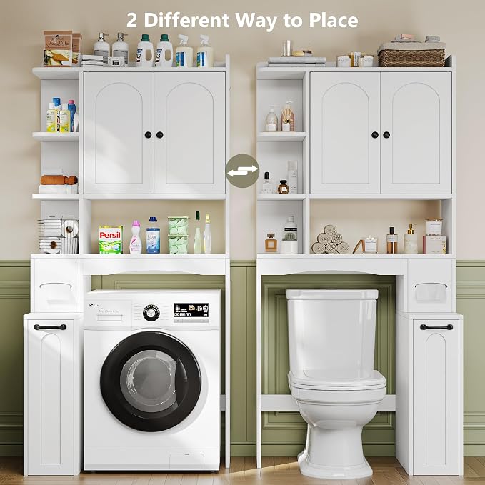 Einhomn Over The Toilet Storage Cabinet with Pulley, Space Saver Bathroom Organizer with Arched Doors & Open Shelves, Toilet Paper Holder Stand Toilet Rack for Bathroom, Restroom, Laundry, White - Image 5