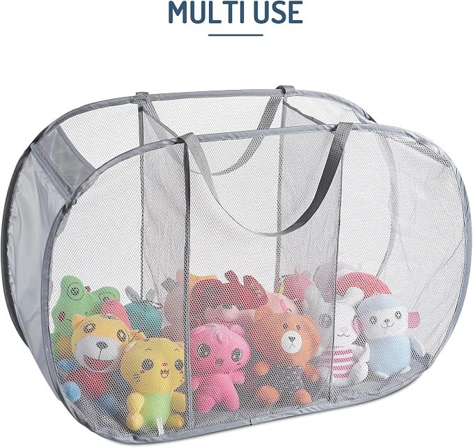 Seiritex Mesh Popup Laundry Hamper 3 Compartment Sortable Horizontal Collapsible Laundry Basket for Clothes Laundry Room Bedroom Toys Travel (Gray) - Image 3