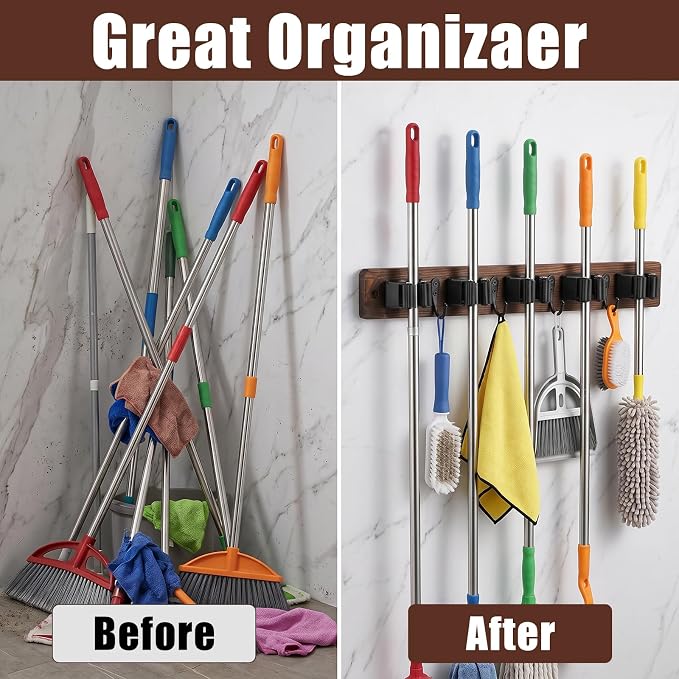 2 Pack Broom Holder Wall Mount Rustic Wood Broom Hanger Wall Mount With 5 Slots And 4 Hooks Mop And Brooms Organizer Walls Hanging For Laundry Rooms Garage Kitchen Closet Decor Brown - Image 5