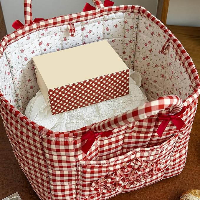 Storage Basket Boho Fabric Large Collapsible Floral Laundry Nursery Hamper Portable Folding Storage for Clothes Toys (Red Plaid) - Image 5