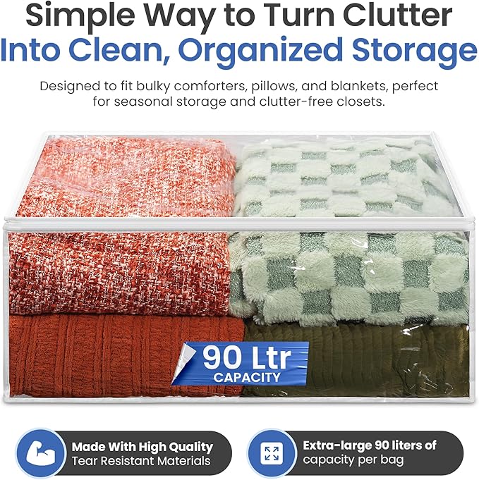 Handy Laundry Blanket Storage Bags - 90 L, Pack Of 4, Zippered Large Clear Plastic Storage Bag, Shield Your Quilt Blankets, Bedding & Clothes from Dust, Dirt & Moisture, Gliding Zipper for Easy Access - Image 2
