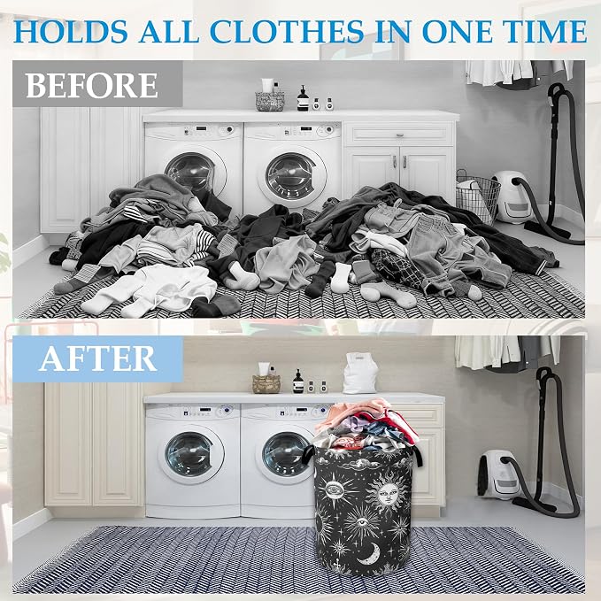 Sun Moon Laundry Basket Collapsible Laundry Hamper Oxford Storage Bin for Clothes Storage, Toy Organizer, Books and Sundries 16" X 20.8" - Image 4