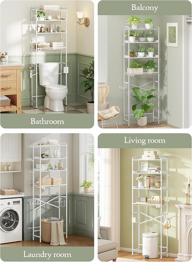 Quikraen 4 Tier Over The Toilet Storage Shelf with 3 Adjustable Shelves, Space Saver Bathroom Organizer with 4 Hooks, Freestanding Above Toilet Rack for Restroom Laundry (White) - Image 6