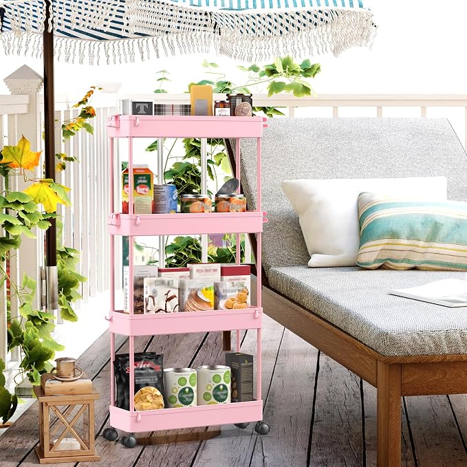 SPACEKEEPER Slim Rolling Storage Cart, 4 Tier Bathroom Cart Organizer, Pink - Image 2