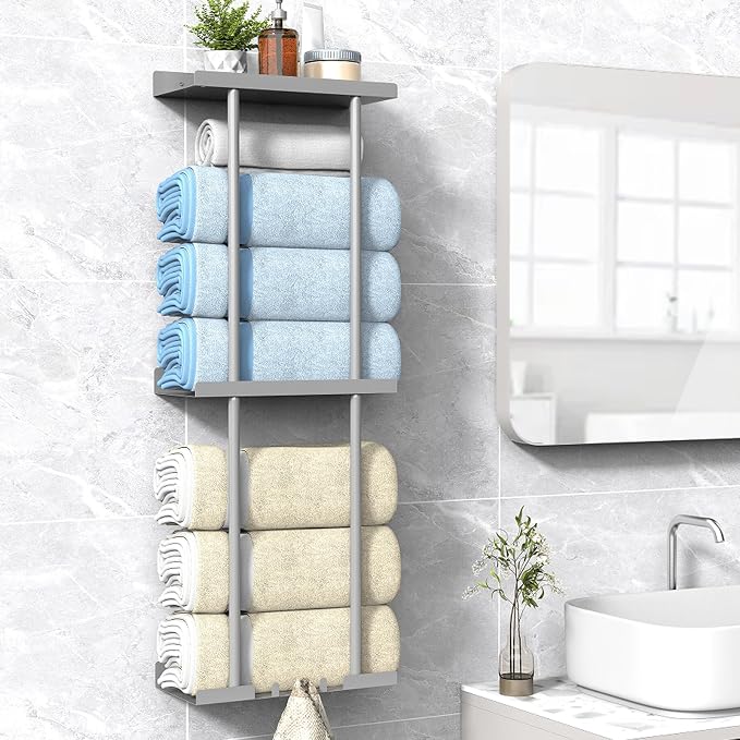 Liuoud Towel Rack for Bathroom, Wall Mounted Bath Towel Holder Storage Organizer for Rolled Towels, Vertical Towel Rack with Shelf Can Holds Up 6 Large Bath Towel (Grey, Larger Size) by Liuoud