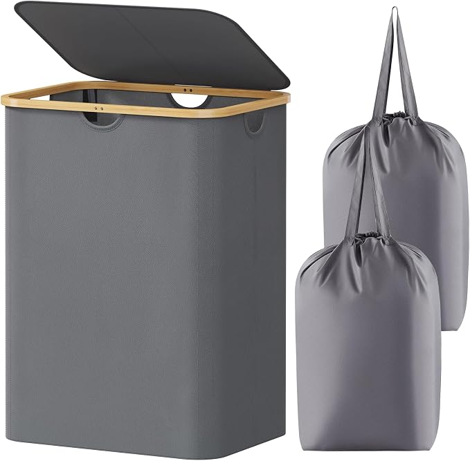 Lifewit 150L Laundry Basket with Lid, Clothes Hampers for Laundry with Bamboo Handles and 2 Removable Bags, Large Foldable Laundry Hamper for Bedroom, Bathroom, Dorm, Grey by Lifewit