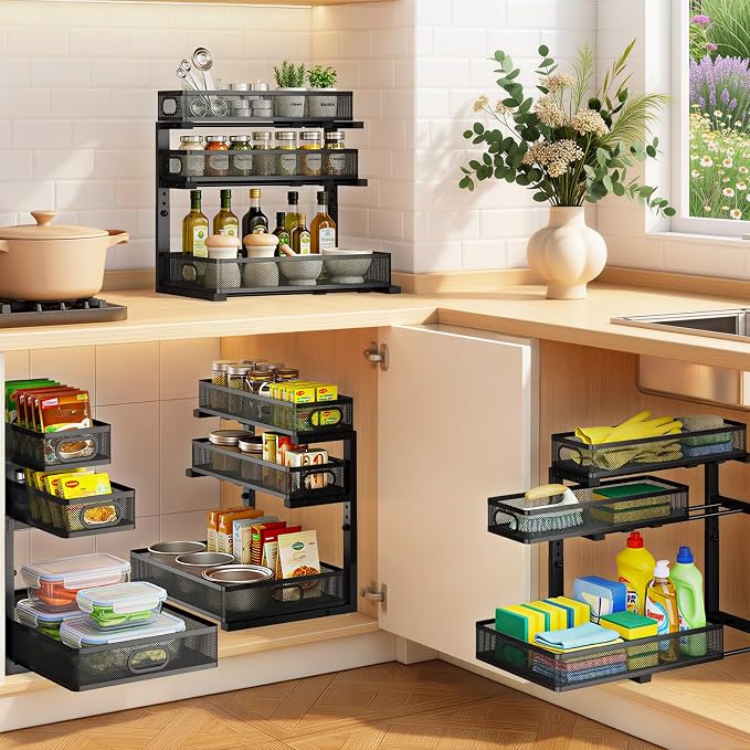 Under Sink Organizer 3 Tier, 2 Pack L-Shaped Pull-Out Cabinet Organizer with Sliding Metal Mesh Drawers, Height Adjustable Under Sink Storage Rack for Kitchen Bathroom Cabinet, Black - Image 9