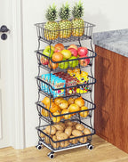 OKZEST 5 Tier Fruit Basket for Kitchen, Stackable Bins Wire Rack with Wheels, Fruit and Vegetable Storage Basket Pantry Food Snack Organizer Shelf, Kitchen Storage Cart for Onion and Potato, Produce by OKZEST