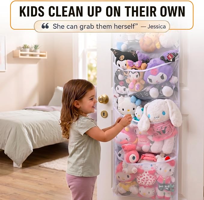 Honeyera The Original Stuffed Animal Storage (Patented) - Over Door Organizer for Stuffies, Baby Ideas Holder, Toy Plush Hammock Hanging Net Big Girls Toddler Large Bag Animals Stuffy Behind - Image 5
