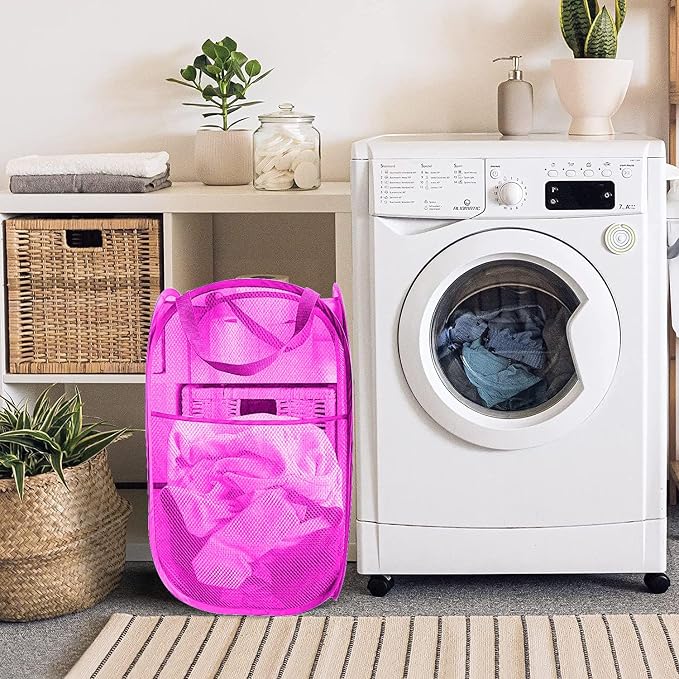 Larpur 2Pack Foldable Popup Laundry Basket, Collapsible Portable Mesh Clothes Washing Laundry Hamper with Reinforced Carry Handles (Pink) - Image 4