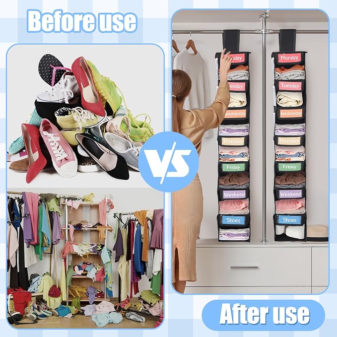 2 Pack 7 Shelf Weekly Clothes Organizer Hanging Closet for Kids with Side Pockets Weekday Shoes Rack Weekly Clothes Organizers Monday Through Weekend Foldable Storage Shelves(Black) - Image 4