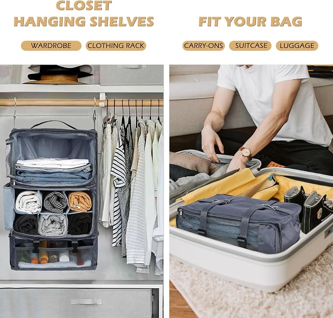 Surblue Hanging Travel Shelves Compression Packing Cube for Carry-on Luggage Suitcase Collapsible with Extension Layer Large Capacity, Grey, XXL - Image 2