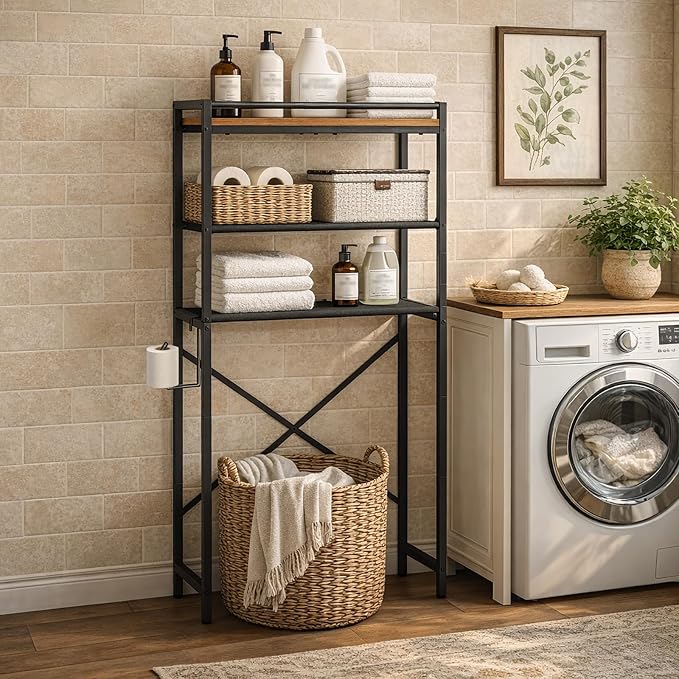 MAHANCRIS Over Toilet Storage, 3-Tier Bathroom Organizer Shelf with Toilet Paper Holder, Freestanding Space Saver Bathroom Shelves Above Toilet for Bathroom, Laundry Room, Rustic Brown TSHR1201 - Image 4