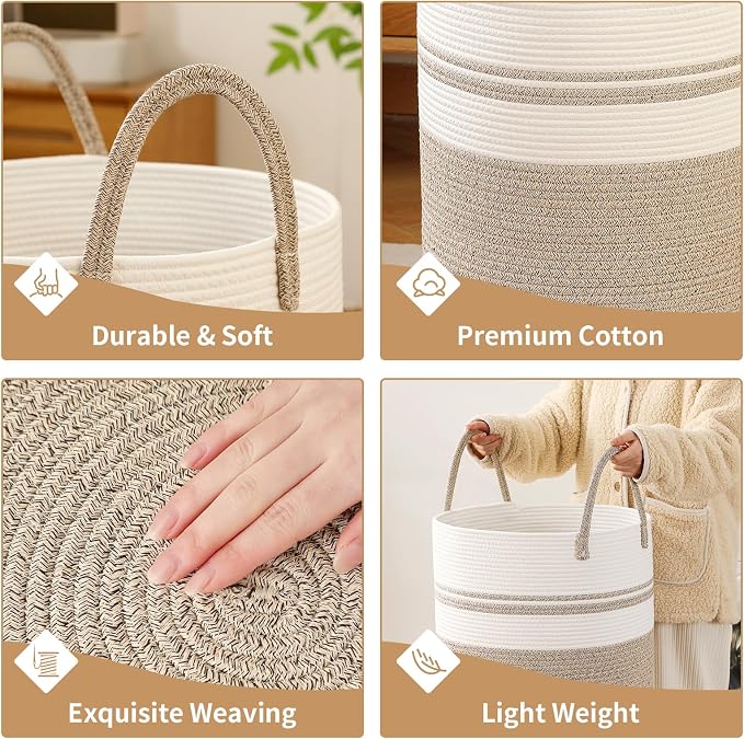 Laundry Basket Hamper Tall Rope Storage Woven for Blanket toys Dirty Clothes in Living Room Bathroom Bedroom (Brown&White, 100L/26.4Gal) - Image 3