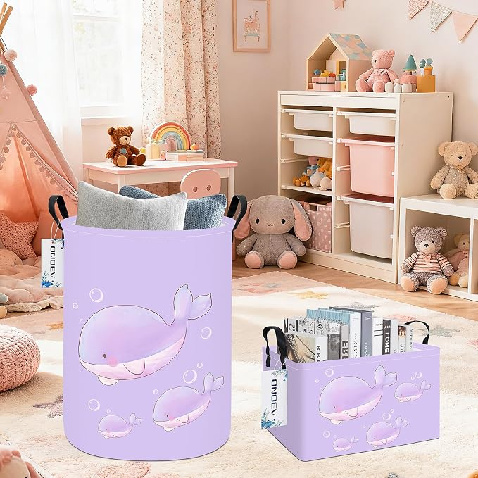 Round Purple Whale Laundry Hamper, Storage Basket for Adults and Kids - Image 7