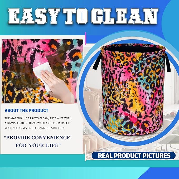 Colorful Leopard Print Laundry Basket Foldable Oxford Cloth 18.9 x 16.5 In - Image 8