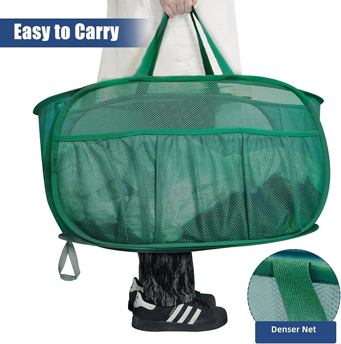2 Pack Collapsible Laundry Baskets, Upgrade Pop Up Laundry Hamper with Convenient Bags, Foldable Laundry Basket Mesh Light Weight, Easy to Carry Clothes Hampers for Laundry, Dorm, Toys, Travel Green - Image 6