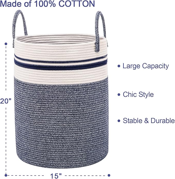 Woven Rope Laundry Hamper Basket by YOUDENOVA, 58L Tall Luandry Basket, Baby Nursery Hamper for Blanket Storage in Bedroom-Large-Blue - Image 3