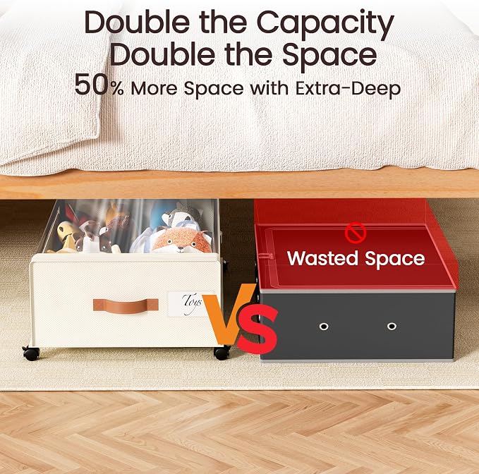 Yecaye 82L Under Bed Storage Containers, Fits 9.4" Under Bed, 2 Pack, Beige | XXL Capacity, 360° Rolling Wheels, Sturdy Metal Frame, Clear Window & Label, Storage Bins for Clothes, Shoes, Blankets - Image 4