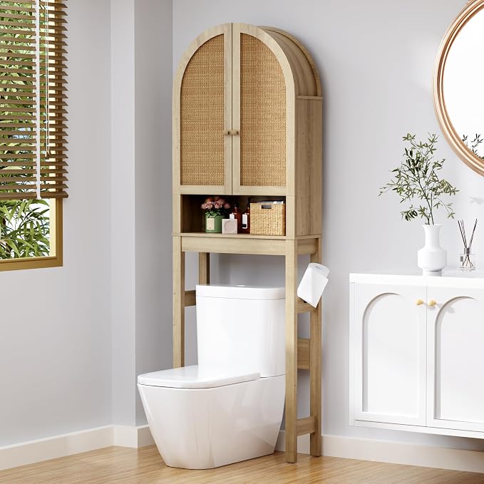Over The Toilet Storage Cabinet, 23.7”W Modern Storage Cabinet Over Toilet with Rattan Doors, Arched Freestanding Over Toilet Rack with Adjustable Shelf for Bathroom, Nature by BONITURE