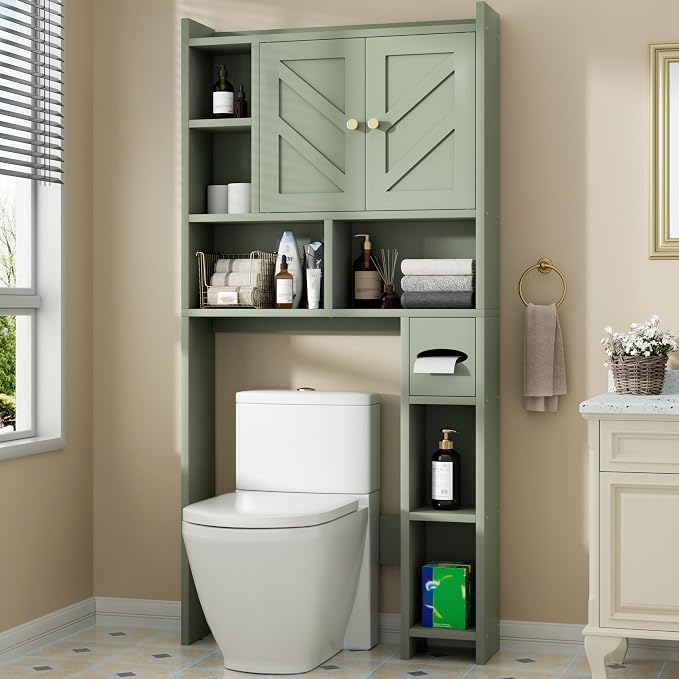 Shintenchi Over the Toilet Storage Cabinet, Bathroom Storage Cabient with Barn Doors, Bathroom Storage Shelf Organizer with Toilet Paper Holder, Adjustable Shelf and Anti-Tip Device, Green by Shintenchi%7CFurnitureMadeforRealLife