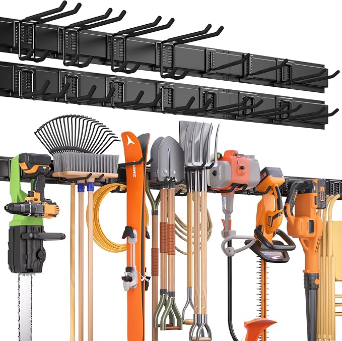 99 Inches Garage Storage, UUP Garage Organization, Wall Mount Garden Tool Organizer, Max 1000lbs Adjustable Metal Hook, Yard Shed Hanging Utility Rack, Heavy Duty Shelving for Rake Broom Mop Snowboard by UUP