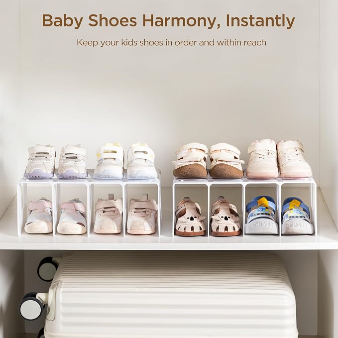 HBlife White Acrylic Kids Shoe Rack for Closet Organizers and Storage, Small Shoe Rack 4 Sections Toddler Baby Shoe Storage Organizer Stackable Shoe Shelf,Desk File Sorter Book Purse Organizer(2 Pack) - Image 3