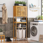 VIAGDO Over The Toilet Storage Cabinet, Tall Bathroom Cabinet Organizer with Cupboard and Adjustable Shelves, Freestanding Toilet Shelf Space Saver Rack Stand for Laundry Room, Balcony, Bamboo - Image 4