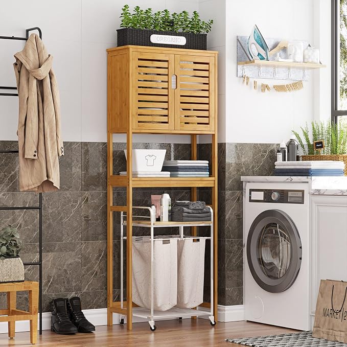 VIAGDO Over The Toilet Storage Cabinet, Tall Bathroom Cabinet Organizer with Cupboard and Adjustable Shelves, Freestanding Toilet Shelf Space Saver Rack Stand for Laundry Room, Balcony, Bamboo - Image 4