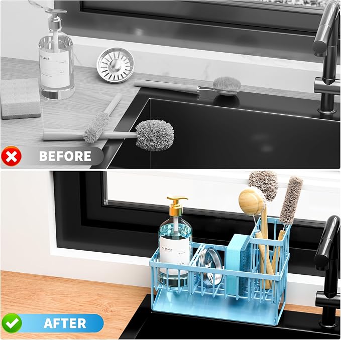 Cisily Blue Kitchen Sink Caddy Organzier with High Brush Holder, Sponge Holder for Sink, 304 Rustproof Stainless, Kitchen Countertop Soap Dispenser Organizer, Blue Home Decor and Accessories - Image 6