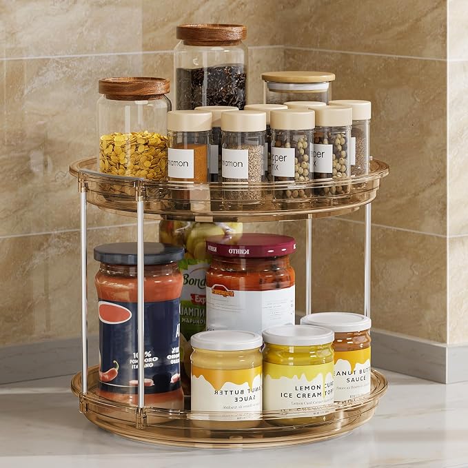 LAMU 2 Pack 2 Tier Lazy Susan Turntable Organizer 9.25'' Rotating Spice Rack Organization for Cabinet, Kitchen, Pantry, Countertop, Bathroom, Vanity, Medicine Cabinet Organizer, Amber - Image 8