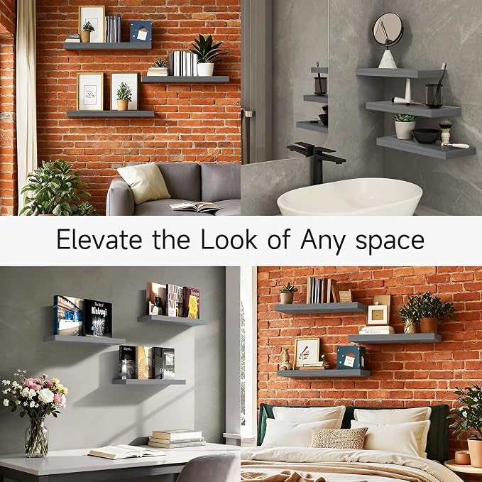 BAYKA Grey Floating Shelves 15.7in, Set of 3, Wall Mounted for Wall Decor - Image 7