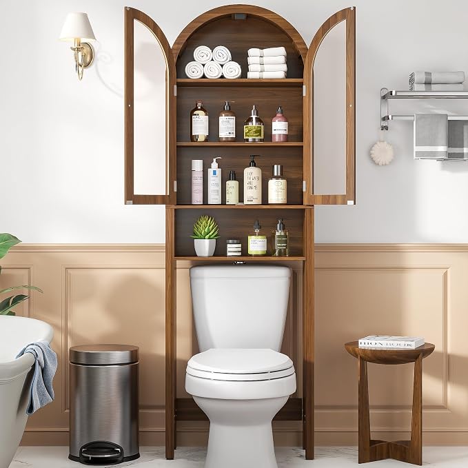 Arched Over The Toilet Storage Cabinet with Acrylic Doors, 4 Tier Small Bathroom Shelf Organizer, Mid Century Modern Bathroom Cabinet with Adjustable Shelf, Slim Narrow Arch Toilet Rack, Walnut - Image 7