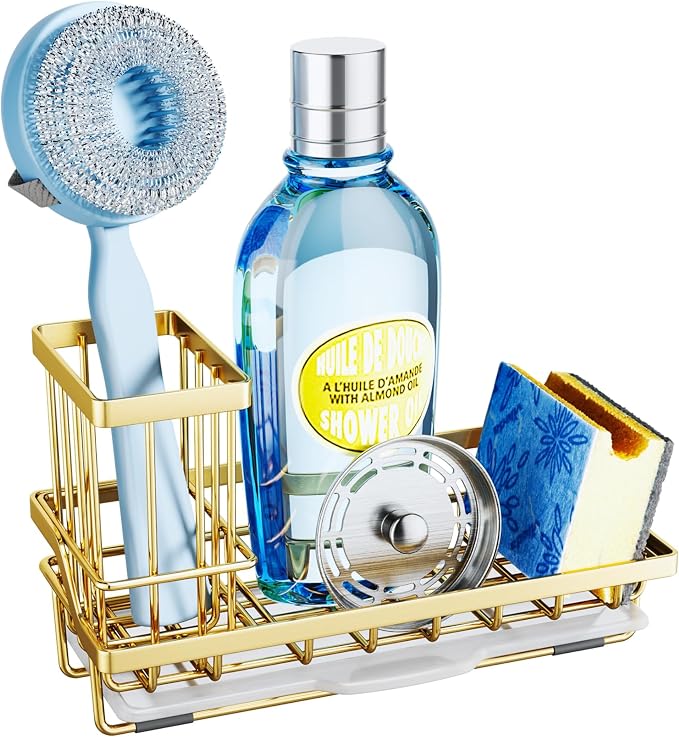 SWTYMIKI Sink Caddy Kitchen Sink Organizer with Detachable Brush Holder, Stainless Steel Sponge Holder with Removable Drip Tray Sponge Caddy for Kitchen Countertop, Gold by SwtyMiki-TidyHomeSweetLife