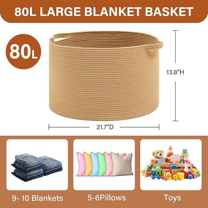 Foldable Laundry Hamper Basket with Collapsible Handle Cotton Rope Soft Woven Fabric Storage Organizer Clothes Toys Nursery Bedroom Dorm Space Saving Bin (Camel, 80L(21.7"D x 13.8"H)) - Image 6