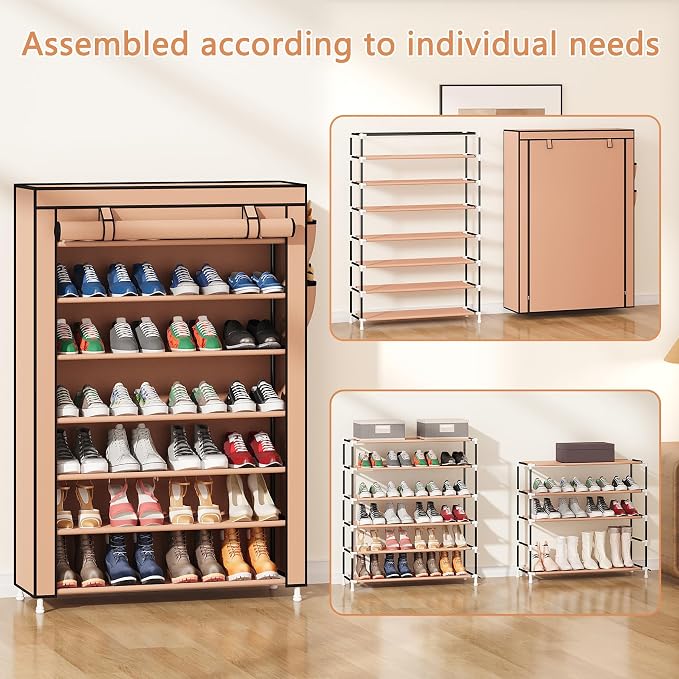 Laiensia 7-Tier Vertical Shoe Rack Organizer, Space Saving Shoe Storage Organizer, Non-Woven Cover Shoe Shelf Holds 28-35 Pairs for Bedroom, Hallway, Closet Entryway, Brown - Image 4