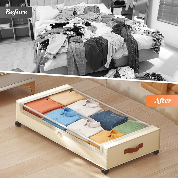 Yecaye 70 L Under Bed Storage with Wheels, 3 Pack Larger Capacity Under Bed Storage Containers, Underbed Shoe Storage Organizer, Rolling Under Bed Metal Drawers for Clothes, Blankets, Beige - Image 8