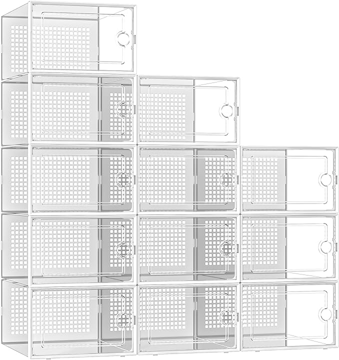 Kuject X-Large Shoe Storage Boxes 12 Pack, Clear Stackable Shoe Organizer | Shoe Case for Closet, Entryway & Under-Bed Storage, Drop-Front Design, Space-Saving Solution for Family Organization,White - Image 9
