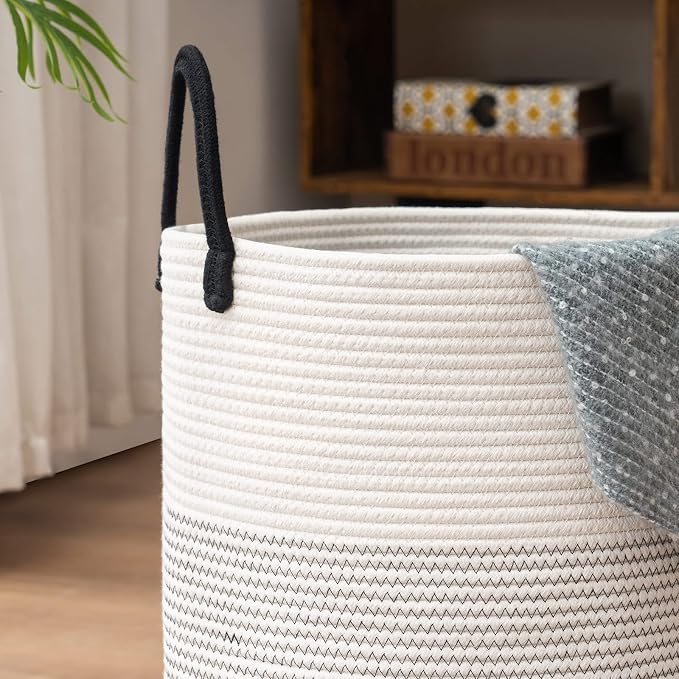 Woven Rope Laundry Hamper Basket by YOUDENOVA, Tall Luandry Basket, Baby Nursery Hamper for Blanket Storage, Clothes Hamper for Laundry in Bedroom-Large-(Dark White, 58L) - Image 4