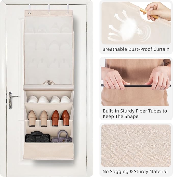 STORAGE MANIAC Over the Door Shoe Organizer with Curtain Dustproof Heavy-Duty Large Deep Pocket Hanging Shoe Organizer for Closet Dorm & Narrow Door Storage Shoe Holder Shoe Rack, 7-Shelf Beige 1 Pack - Image 5