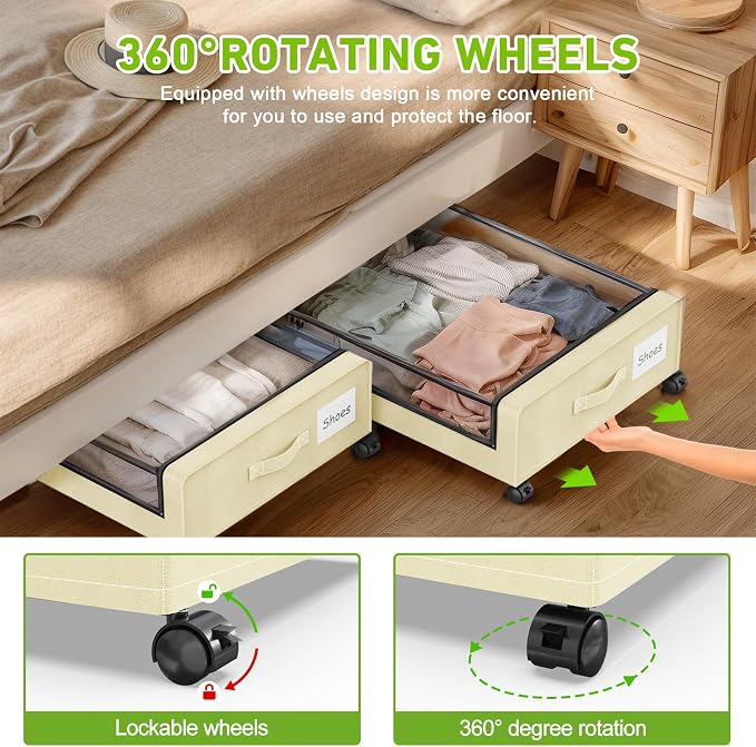 Molutsody Under Bed Storage with Wheels, 4-Pack UnderBed Storage Containers with Clear Lids, Under Bed Shoe Storage Organizer, Rolling Under Bed Storage for Clothes Shoes Blankets (Beige) - Image 3