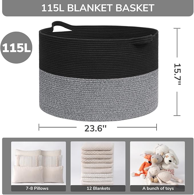 INDRESSME 115L Extra Large Woven Rope Blanket Basket Living Room Black Grey - Image 2